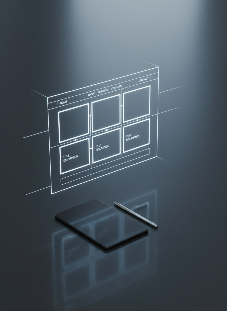 A minimalist wireframe of a responsive website layout rendered as luminous white lines floating above a dark charcoal tabletop, as if projected in mid-air. The layout shows a clear grid, navigation bar, content cards, and footer, all stylized yet legible, hinting at a professional corporate site. Nearby, a closed, matte-black tablet and a thin silver stylus rest in precise alignment. Subtle, cool studio lighting creates soft gradients over the dark surface, with faint reflections of the wireframe lines. Photographic realism with a slightly elevated angle and shallow depth of field, producing a clean, modern atmosphere that communicates structured, bespoke web design and UX planning.