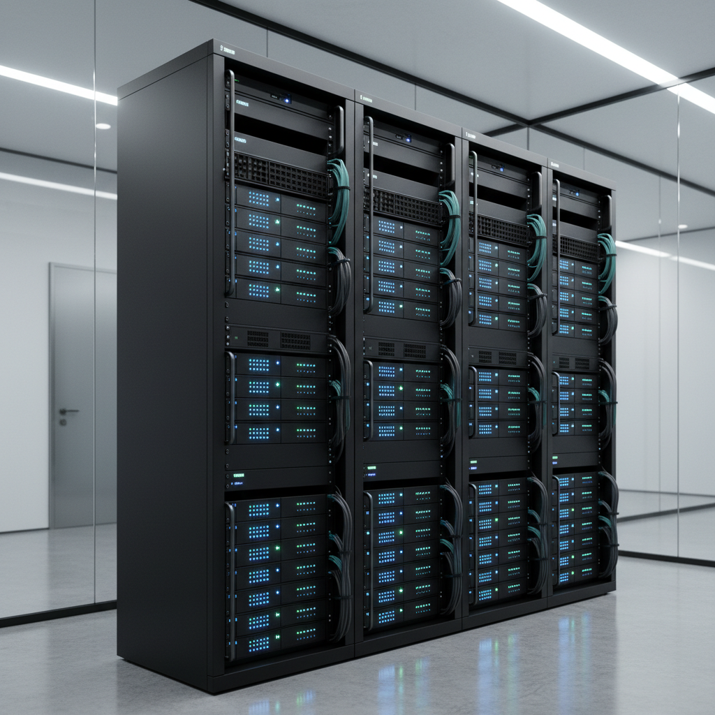 A modern server rack filled with matte black hardware units, each with tiny status LEDs glowing in soft blues and greens, arranged in perfect vertical alignment. Network cables are neatly routed along the sides, forming subtle color patterns of dark grey and muted teal. The rack stands in a pristine, glass-walled technology room where the polished concrete floor reflects a faint shimmer of light. Cool, overhead LED lighting creates crisp highlights on metal edges and gentle shadows between components. Photographic realism, captured from a slightly low, three-quarter angle with sharp focus throughout, emphasizes reliability, scalability, and the technical backbone behind custom software and web platforms.